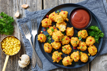 deep fried corn nuggets sprinkled with red pepper and parsley on a plate with tomato sauce on rustic grey wood table with forks and ingredients, american cuisine, flat lay,, not AI generatedの写真素材