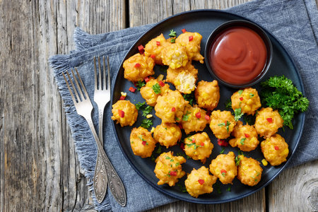 deep fried corn nuggets sprinkled with red pepper and parsley on a plate with tomato sauce on rustic grey wood table with forks and napkin, american cuisine, flat lay, not AI generatedの写真素材