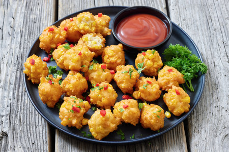 deep fried corn nuggets sprinkled with red pepper and parsley on a plate with tomato sauce on rustic grey wood table, american cuisine, not AI generatedの写真素材