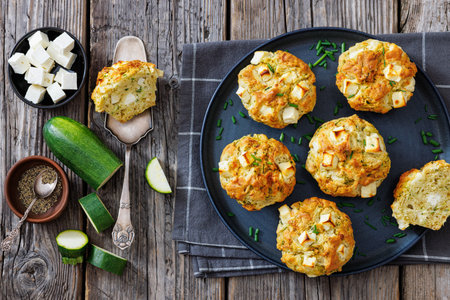 Savory Zucchini Feta Muffins on dark grey plate on rustic wood table with kitchen towel and ingredients, horizontal view from above, flat lay, close-up, not AI generatedの写真素材