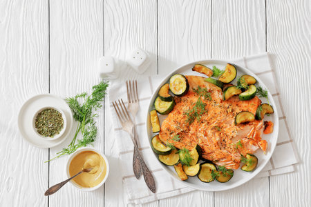 baked salmon fillet with zucchini and dill on plate on white wood table with mustard, kitchen towel and forks, horizontal view from above, flat lay, free space, not AI generatedの写真素材