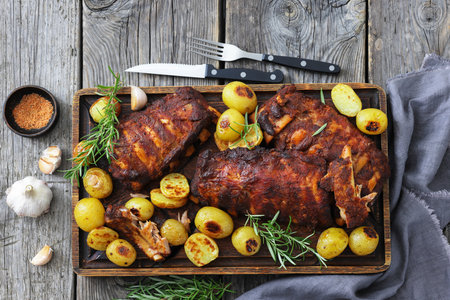 bbq baby pork ribs with potatoes, garlic and fresh rosemary on a cutting board on dark wood table with cutlery, seasoning, horizontal view from above, flat lay, not AI generatedの写真素材