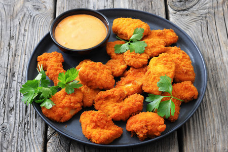 close-up of air fryer crispy breaded chicken breast chunks with tangy dipping sauce on a plate on rustic wood table, horizontal view from above, not AI generatedの写真素材