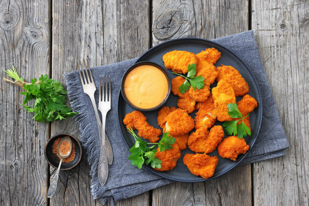 air fryer breaded chicken breast chunks with tangy dipping sauce on a plate on rustic wood table, horizontal view from above, flat lay, free space, not AI generatedの写真素材