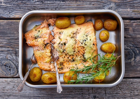 Salmon fillet topped with melted cheese, spices, rosemary, and baby potatoes in a baking dish on rustic wood table, horizontal view, flat lay, close-up, not AI generatedの写真素材