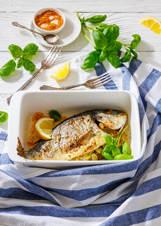 Baked whole dorado fish with lemon slices and fresh basil in a white ceramic dish on a white wooden...