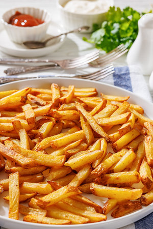 close-up of crispy golden french fries on a plate served with tomato ketchup, salt shakers, and...