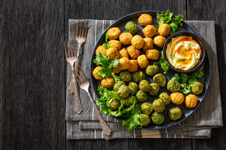 Falafel served as green and golden balls on a black plate with creamy hummus on a plate on a dark mood table, flat lay, free space, not AI generated