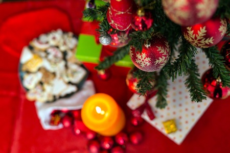 Decorated Christmas tree on blurred, sparkling and fairy backgroundの写真素材