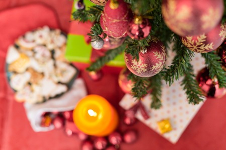 Decorated Christmas tree on blurred, sparkling and fairy backgroundの写真素材