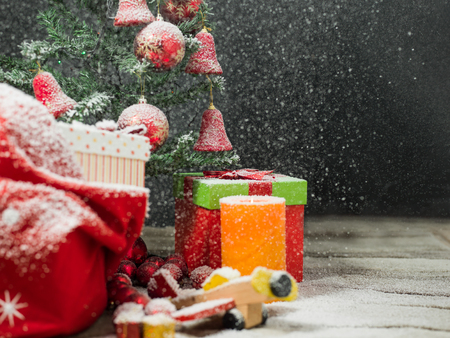 Gift christmas boxes under Christmas treeの写真素材