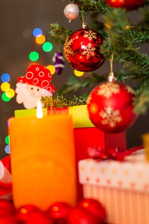 Decorated Christmas tree on blurred, sparkling and fairy backgroundの写真素材