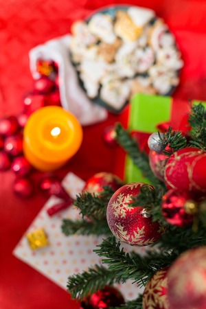 Christmas decoration on tree, candle, joy, christmas timeの写真素材