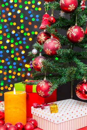 Decorated Christmas tree and Christmas giftsの写真素材