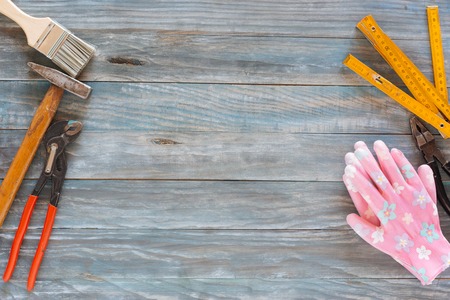 Set of construction tools on wooden board. Concept of building and repairing.の写真素材