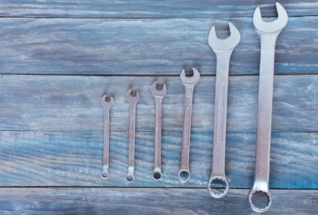 Workshop, repair. Tools on the wooden tableの写真素材