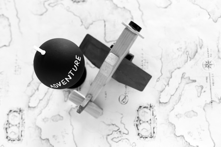 Globe and airplane toy with copy spaceの写真素材
