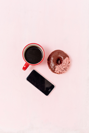 breakfast with donuts , taking photoの写真素材