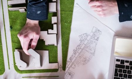 Top view of architect drawing on architectural projectの写真素材