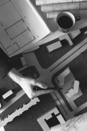 Top view of architect drawing on architectural projectの写真素材