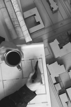 Top view of architect drawing on architectural projectの写真素材