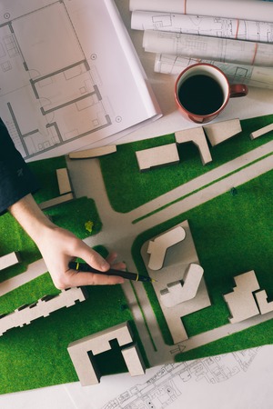 Top view of architect drawing on architectural projectの写真素材