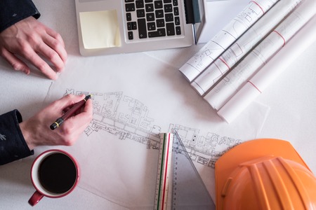 Top view of architect drawing on architectural projectの写真素材