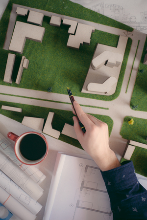 Top view of architect drawing on architectural projectの写真素材