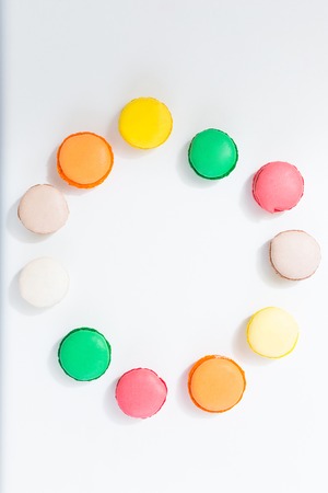 French colorful macarons on white backgroundの写真素材
