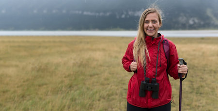 woman tourist on a background of mountains