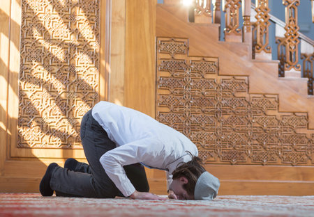 Religious muslim man praying, steps of praying