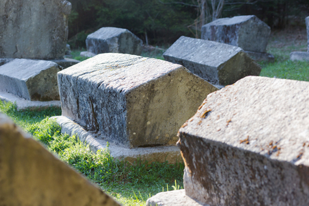 The Medieval Tomb in Bosnia. Stecak tombstones from medieval period.の写真素材