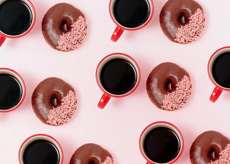 lots of donuts in rows, pattern made of donutsの写真素材