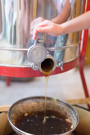 Honey from the hive making in honeycombs  - close up of honey making processの写真素材