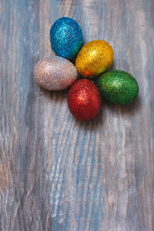 Easter eggs on wooden backgroundの写真素材