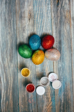 Easter eggs on wooden backgroundの写真素材