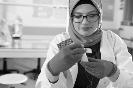 muslim lab worker with hijab or researcher doing an analysis in labaratory