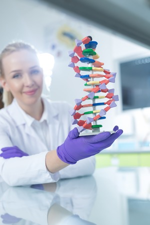 Woman scientist holding DNA moleculeの写真素材