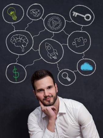 Man thinking about his startup business. Ideas to develop. conceptual