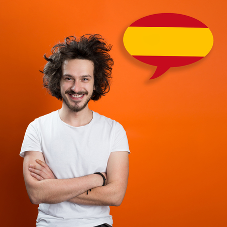 Man learn speaking spanish in bubbleの写真素材