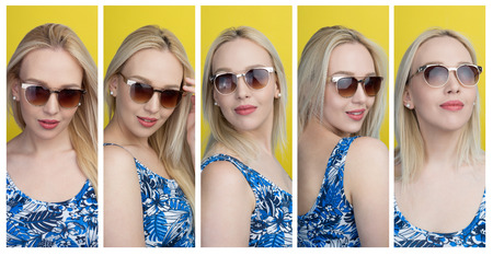 Set of girl's portraits with different posses with sunglassの写真素材