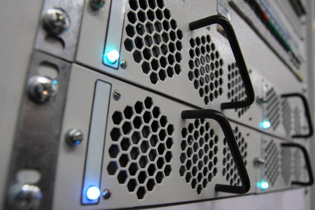 The electronic equipment in an industrial rack.