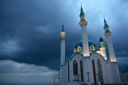 Kul Sharif mosque in the evening on dark clouds background.の写真素材