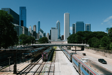 Skyscrapers over trans and train tracks in Chicago, USAのeditorial素材