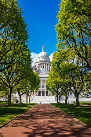 View of the Rhode Island State House with brick road and treesのeditorial素材