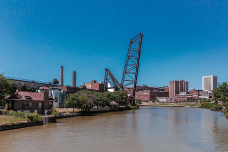 View of the city and the Rivergate Park in Cleveland, USAの写真素材