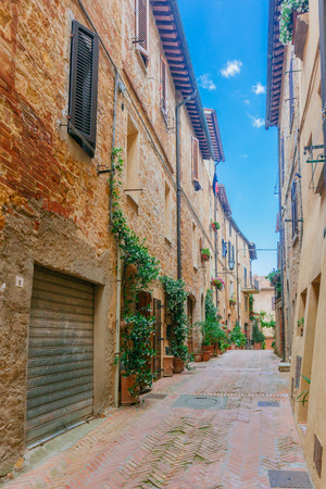 Old streets and houses of the Renaissance town of Pienza, Tuscany, Italyのeditorial素材