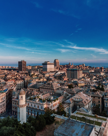 View of the historical center and downtown of Genoa, Italy at duskのeditorial素材