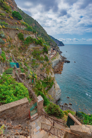 View of the sea the train station, from the village of Manarola, Cinque Terre, Italyの写真素材