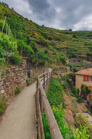 Path by hill and house in the village of Manarola, Cinque Terre, Italyのeditorial素材
